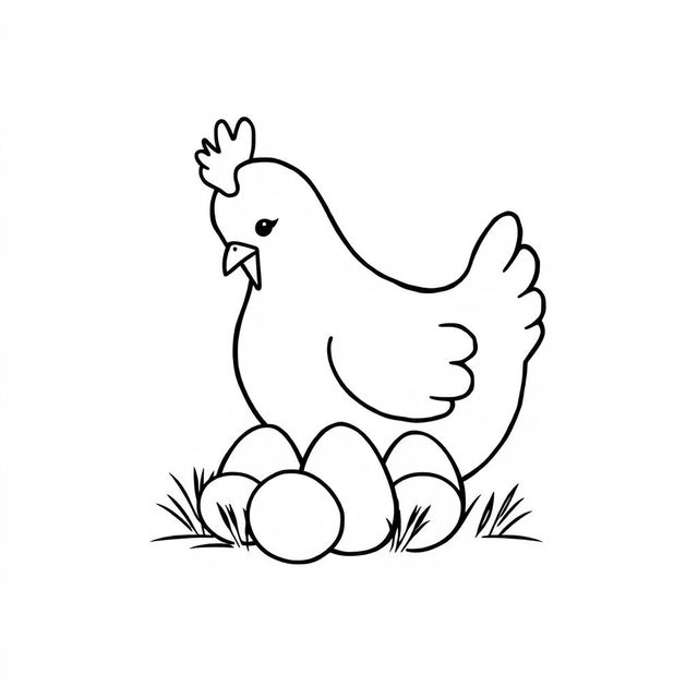 A simple black and white line drawing of a chicken tenderly caring for her eggs