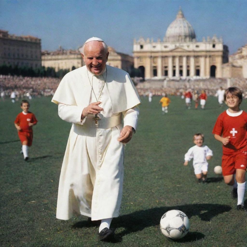 Pope John Paul II in his unique papal attire, joyfully playing soccer on a sunny day with children, against a picturesque Vatican backdrop.