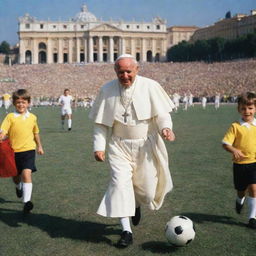 Pope John Paul II in his unique papal attire, joyfully playing soccer on a sunny day with children, against a picturesque Vatican backdrop.