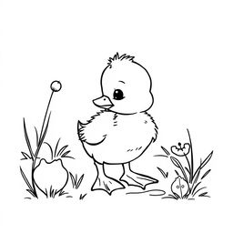 A simple black and white line drawing of a curious duckling exploring a garden