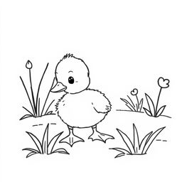 A simple black and white line drawing of a curious duckling exploring a garden