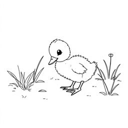 A simple black and white line drawing of a curious duckling exploring a garden