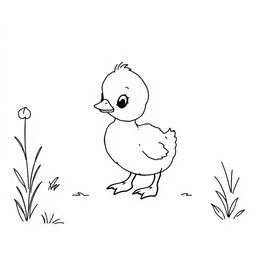 A simple black and white line drawing of a curious duckling exploring a garden