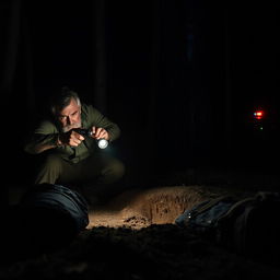 A tense and dramatic scene in a dark, dimly lit forest