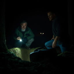 A tense and dramatic scene in a dark, dimly lit forest