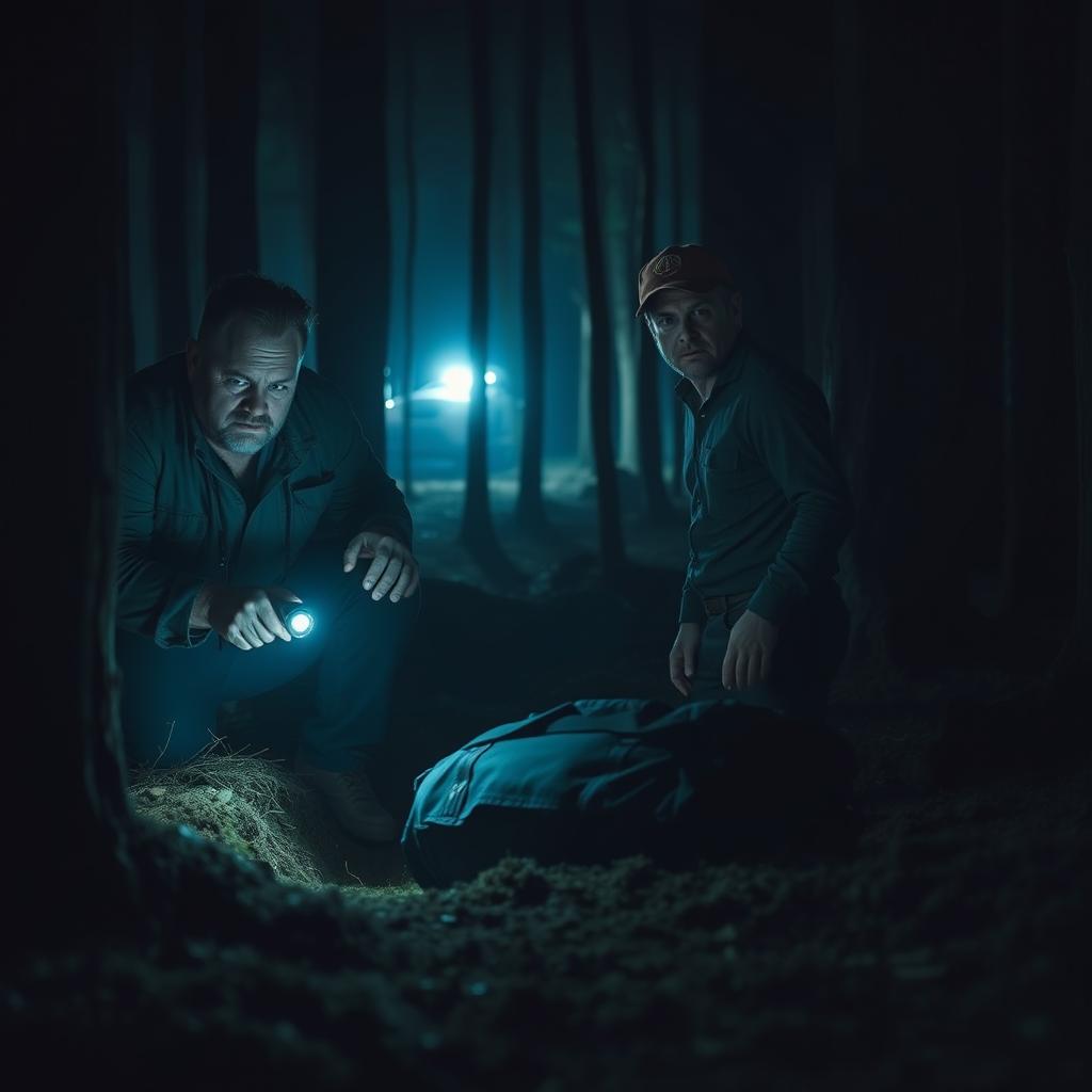 A tense and dramatic scene in a dark, dimly lit forest