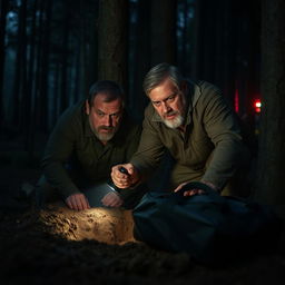 A tense and dramatic scene in a dark, dimly lit forest