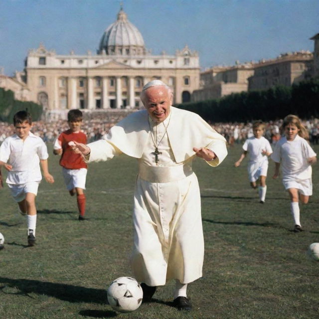 Pope John Paul II in his unique papal attire, joyfully playing soccer on a sunny day with children, against a picturesque Vatican backdrop.