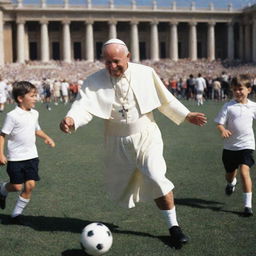 Pope John Paul II in his unique papal attire, joyfully playing soccer on a sunny day with children, against a picturesque Vatican backdrop.