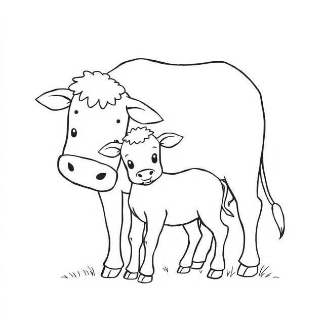 A simple black and white line drawing of a calf playfully hiding behind its mother cow