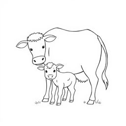 A simple black and white line drawing of a calf playfully hiding behind its mother cow