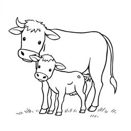 A simple black and white line drawing of a calf playfully hiding behind its mother cow