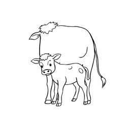 A simple black and white line drawing of a calf playfully hiding behind its mother cow