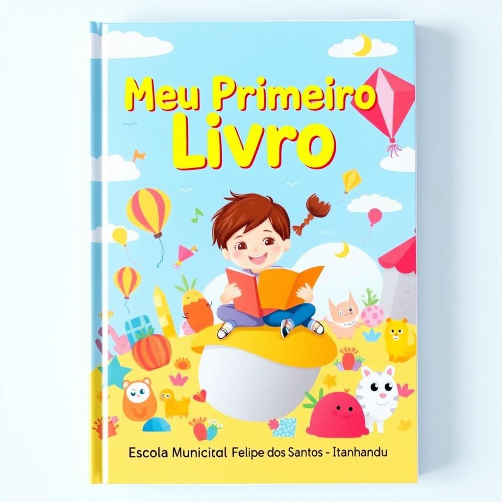 A colorful and playful design for a children's book cover with the title "Meu Primeiro Livro" prominently displayed at the top