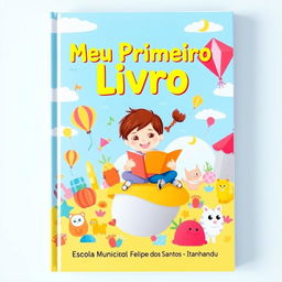 A colorful and playful design for a children's book cover with the title "Meu Primeiro Livro" prominently displayed at the top