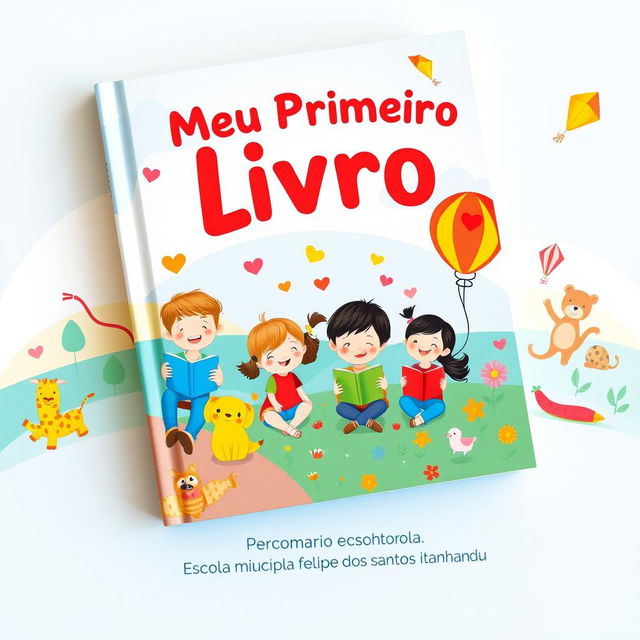 A colorful and playful design for a children's book cover with the title "Meu Primeiro Livro" prominently displayed at the top