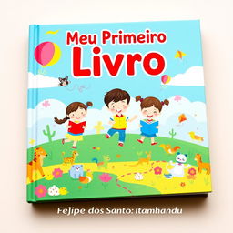 A colorful and playful design for a children's book cover with the title "Meu Primeiro Livro" prominently displayed at the top