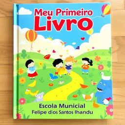 A colorful and playful design for a children's book cover with the title "Meu Primeiro Livro" prominently displayed at the top