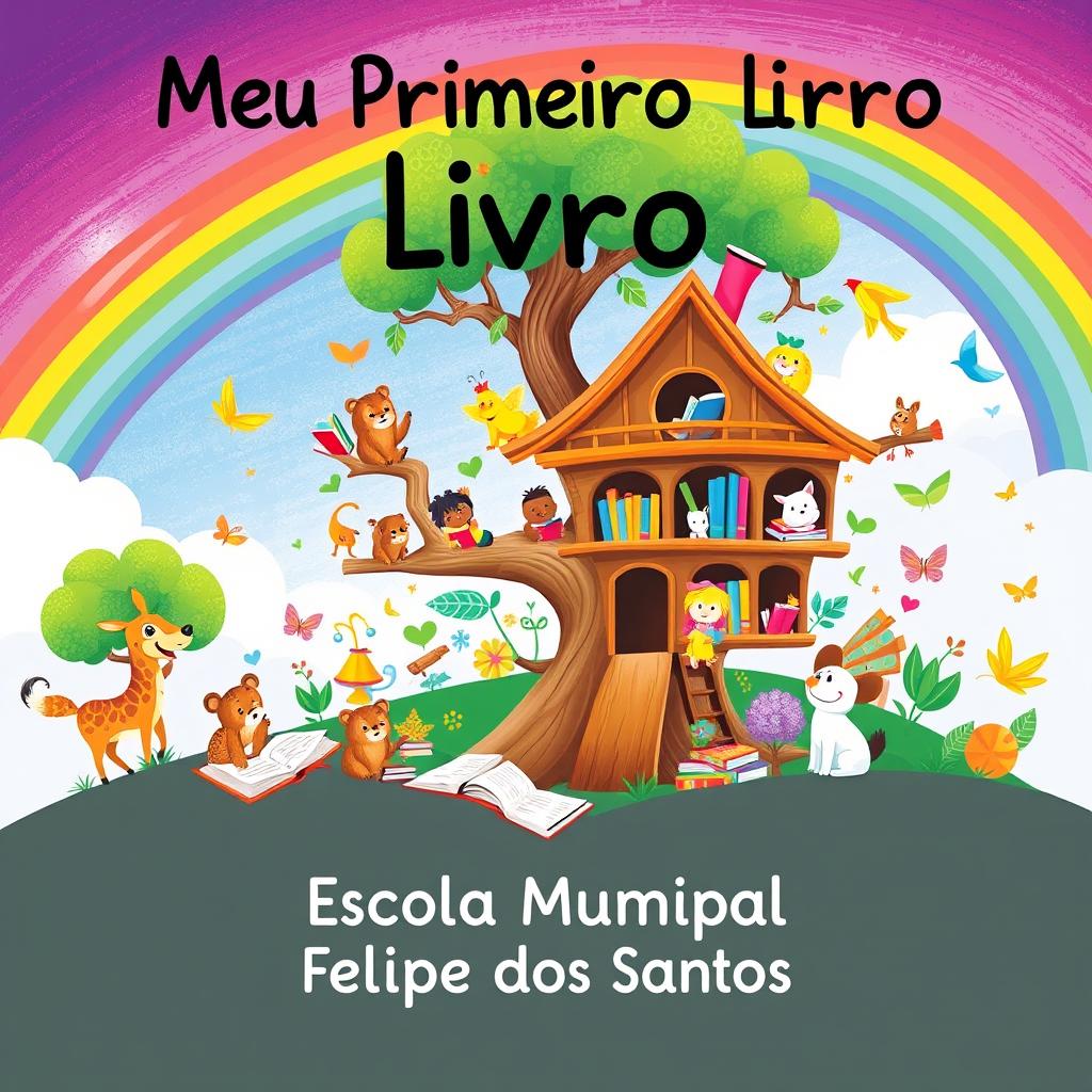 A colorful and engaging children's illustration titled "Meu Primeiro Livro" featuring a whimsical and imaginative theme with playful characters, such as animals reading books, a treehouse library, and a rainbow sky