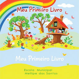 A colorful and engaging children's illustration titled "Meu Primeiro Livro" featuring a whimsical and imaginative theme with playful characters, such as animals reading books, a treehouse library, and a rainbow sky