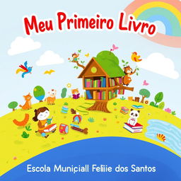 A colorful and engaging children's illustration titled "Meu Primeiro Livro" featuring a whimsical and imaginative theme with playful characters, such as animals reading books, a treehouse library, and a rainbow sky