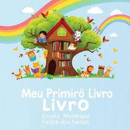 A colorful and engaging children's illustration titled "Meu Primeiro Livro" featuring a whimsical and imaginative theme with playful characters, such as animals reading books, a treehouse library, and a rainbow sky