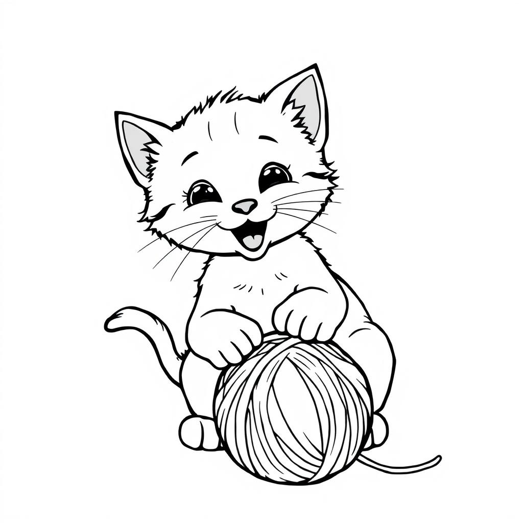 A simple black and white line drawing of a playful kitten engaging with a ball of wool