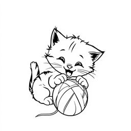 A simple black and white line drawing of a playful kitten engaging with a ball of wool