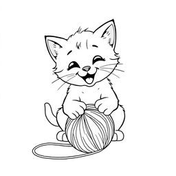 A simple black and white line drawing of a playful kitten engaging with a ball of wool