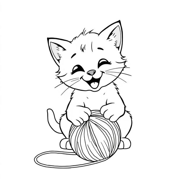 A simple black and white line drawing of a playful kitten engaging with a ball of wool