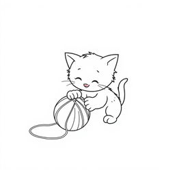 A simple black and white line drawing of a playful kitten engaging with a ball of wool