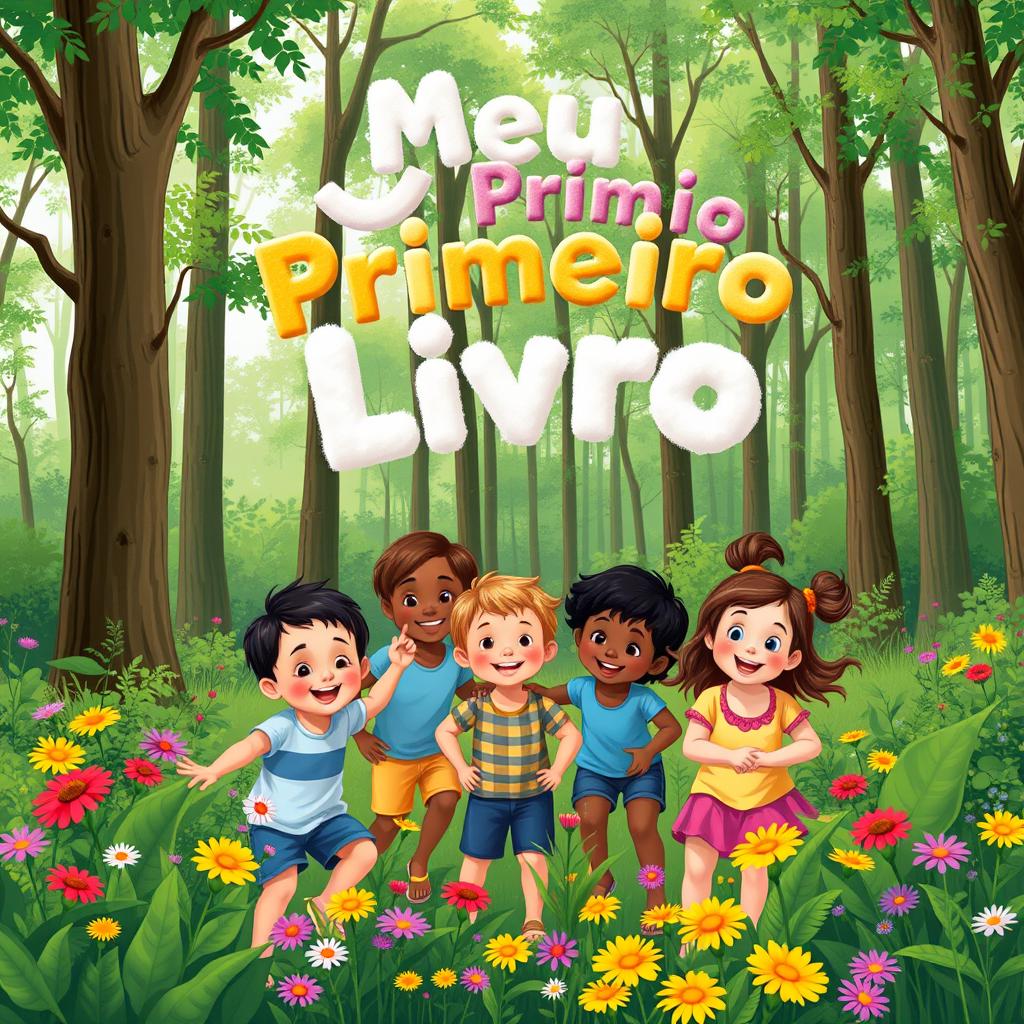 A group of children playing happily in a lush, green forest surrounded by tall trees and vibrant wildflowers