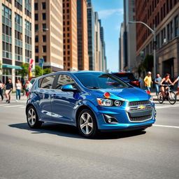 A sleek and modern Chevrolet Sonic, showcased on a sunny day in a vibrant urban setting