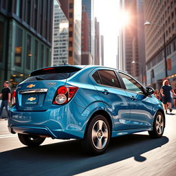 A sleek and modern Chevrolet Sonic, showcased on a sunny day in a vibrant urban setting