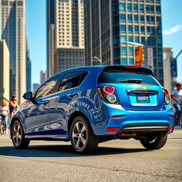 A sleek and modern Chevrolet Sonic, showcased on a sunny day in a vibrant urban setting