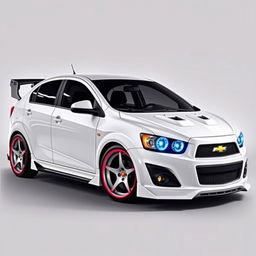 A beautifully customized white Chevrolet Sonic sedan, featuring stunning tuning modifications that make it stand out