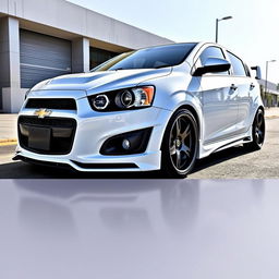 A beautifully customized white Chevrolet Sonic sedan, featuring stunning tuning modifications that make it stand out