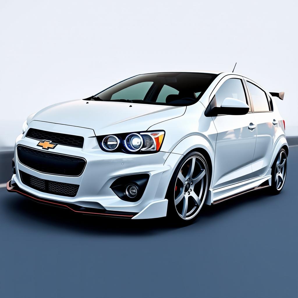 A beautifully customized white Chevrolet Sonic sedan, featuring stunning tuning modifications that make it stand out