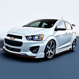 A beautifully customized white Chevrolet Sonic sedan, featuring stunning tuning modifications that make it stand out