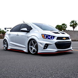 A beautifully customized white Chevrolet Sonic sedan, featuring stunning tuning modifications that make it stand out