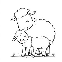 A simple black and white line drawing of an affectionate sheep gently licking its lamb