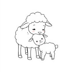 A simple black and white line drawing of an affectionate sheep gently licking its lamb