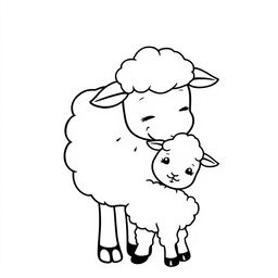 A simple black and white line drawing of an affectionate sheep gently licking its lamb