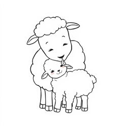 A simple black and white line drawing of an affectionate sheep gently licking its lamb