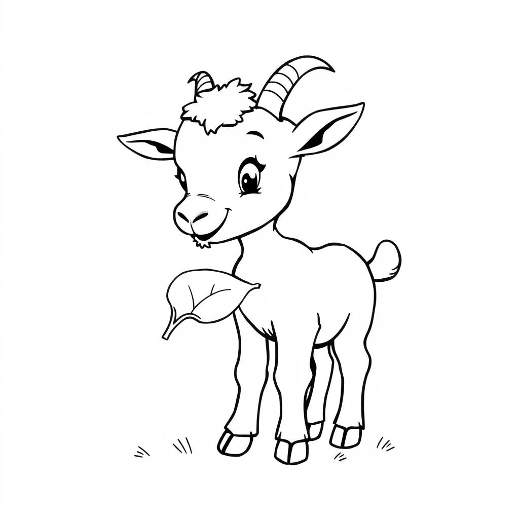 A simple black and white line drawing of a little goat nibbling on a leaf