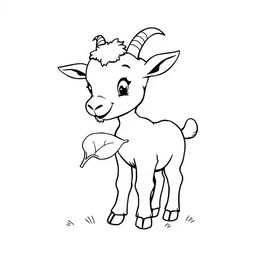 A simple black and white line drawing of a little goat nibbling on a leaf