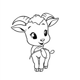 A simple black and white line drawing of a little goat nibbling on a leaf