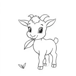 A simple black and white line drawing of a little goat nibbling on a leaf