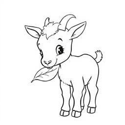 A simple black and white line drawing of a little goat nibbling on a leaf