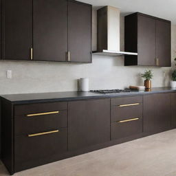 A modern kitchen featuring sleek dark wood cabinets and drawers adorned with elegant gold handles.